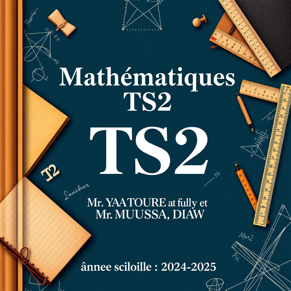 An elegant cover design for a TS2 Mathematics textbook, featuring vintage elements of homework and composition such as classic notebooks, rulers, and mathematical formulas