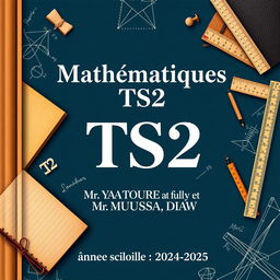 An elegant cover design for a TS2 Mathematics textbook, featuring vintage elements of homework and composition such as classic notebooks, rulers, and mathematical formulas