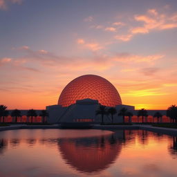 A breathtaking view of the Louvre Abu Dhabi's iconic dome at sunset, capturing the intricate geometric patterns of the dome illuminated by warm orange and pink hues of the setting sun