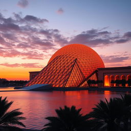 A breathtaking view of the Louvre Abu Dhabi's iconic dome at sunset, capturing the intricate geometric patterns of the dome illuminated by warm orange and pink hues of the setting sun