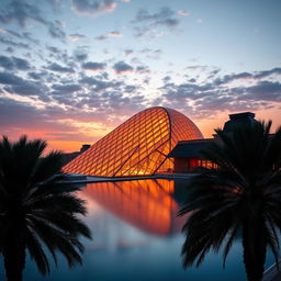 A breathtaking view of the Louvre Abu Dhabi's iconic dome at sunset, capturing the intricate geometric patterns of the dome illuminated by warm orange and pink hues of the setting sun