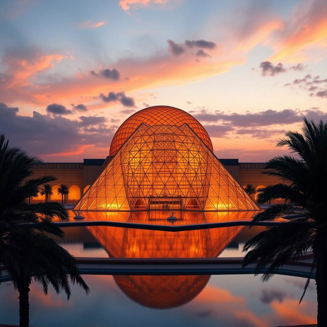 A breathtaking view of the Louvre Abu Dhabi's iconic dome at sunset, capturing the intricate geometric patterns of the dome illuminated by warm orange and pink hues of the setting sun