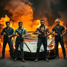 Four men with medium-toned skin holding weapons, standing confidently in front of a luxurious racing car that is engulfed in flames