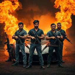 Four men with medium-toned skin holding weapons, standing confidently in front of a luxurious racing car that is engulfed in flames