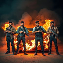 Four men with medium-toned skin holding weapons, standing confidently in front of a luxurious racing car that is engulfed in flames