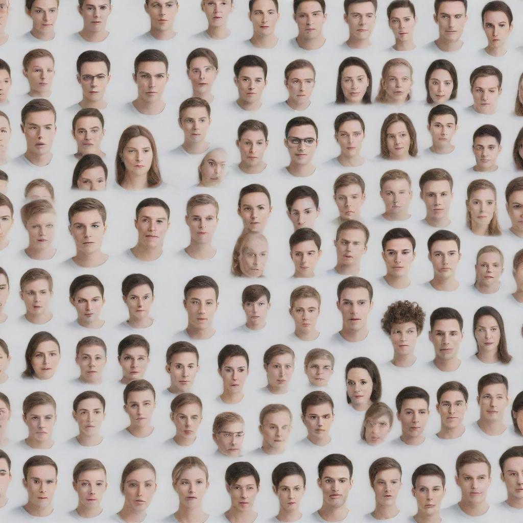 A multitude of digital duplicates of people, each unique and detailed, against a pristine white background