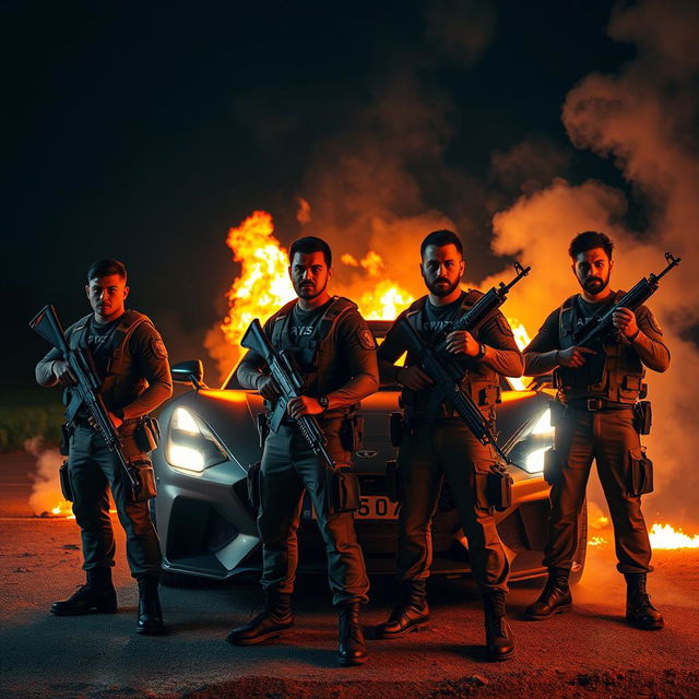 Four men with medium-toned skin holding weapons, dressed in military-style combat gear, standing boldly in front of a luxurious racing car that is burning fiercely