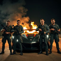 Four men with medium-toned skin holding weapons, dressed in military-style combat gear, standing boldly in front of a luxurious racing car that is burning fiercely