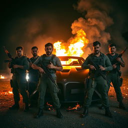 Four men with medium-toned skin holding weapons, dressed in military-style combat gear, standing boldly in front of a luxurious racing car that is burning fiercely