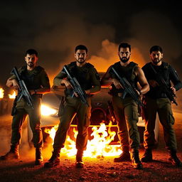 Four men with medium-toned skin holding weapons, dressed in military-style combat gear, standing boldly in front of a luxurious racing car that is burning fiercely