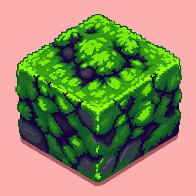 A pixel art block covered in lush green moss, designed for a 2D video game