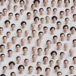 A multitude of digital duplicates of people, each unique and detailed, against a pristine white background