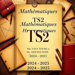A classic and sophisticated cover design for a TS2 Mathematics textbook, themed around traditional homework and composition
