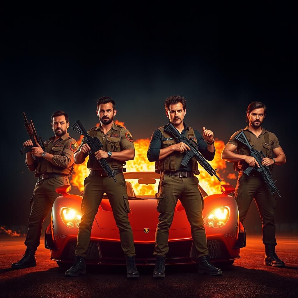 Four men with medium-toned skin holding weapons, standing in a dramatic formation behind each other, resembling a powerful movie poster