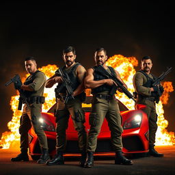 Four men with medium-toned skin holding weapons, standing in a dramatic formation behind each other, resembling a powerful movie poster