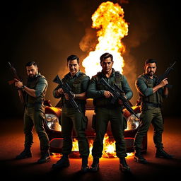 Four men with medium-toned skin holding weapons, standing in a dramatic formation behind each other, resembling a powerful movie poster