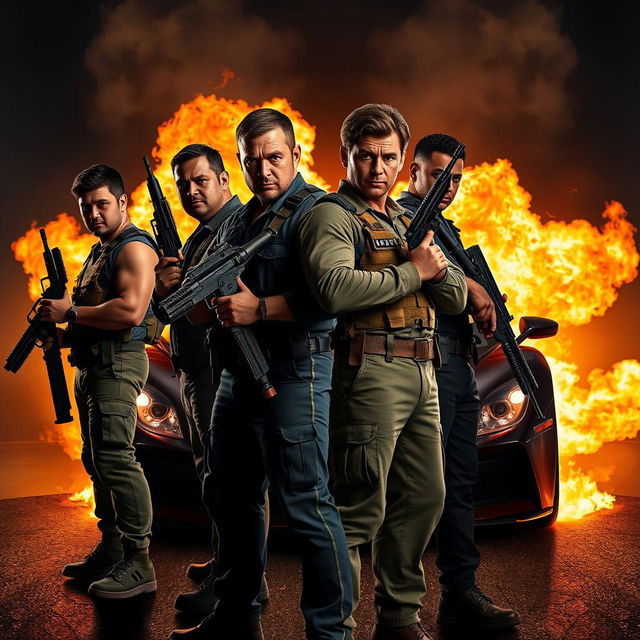 Four men with medium-toned skin holding weapons, standing in a dramatic formation behind each other, resembling a powerful movie poster