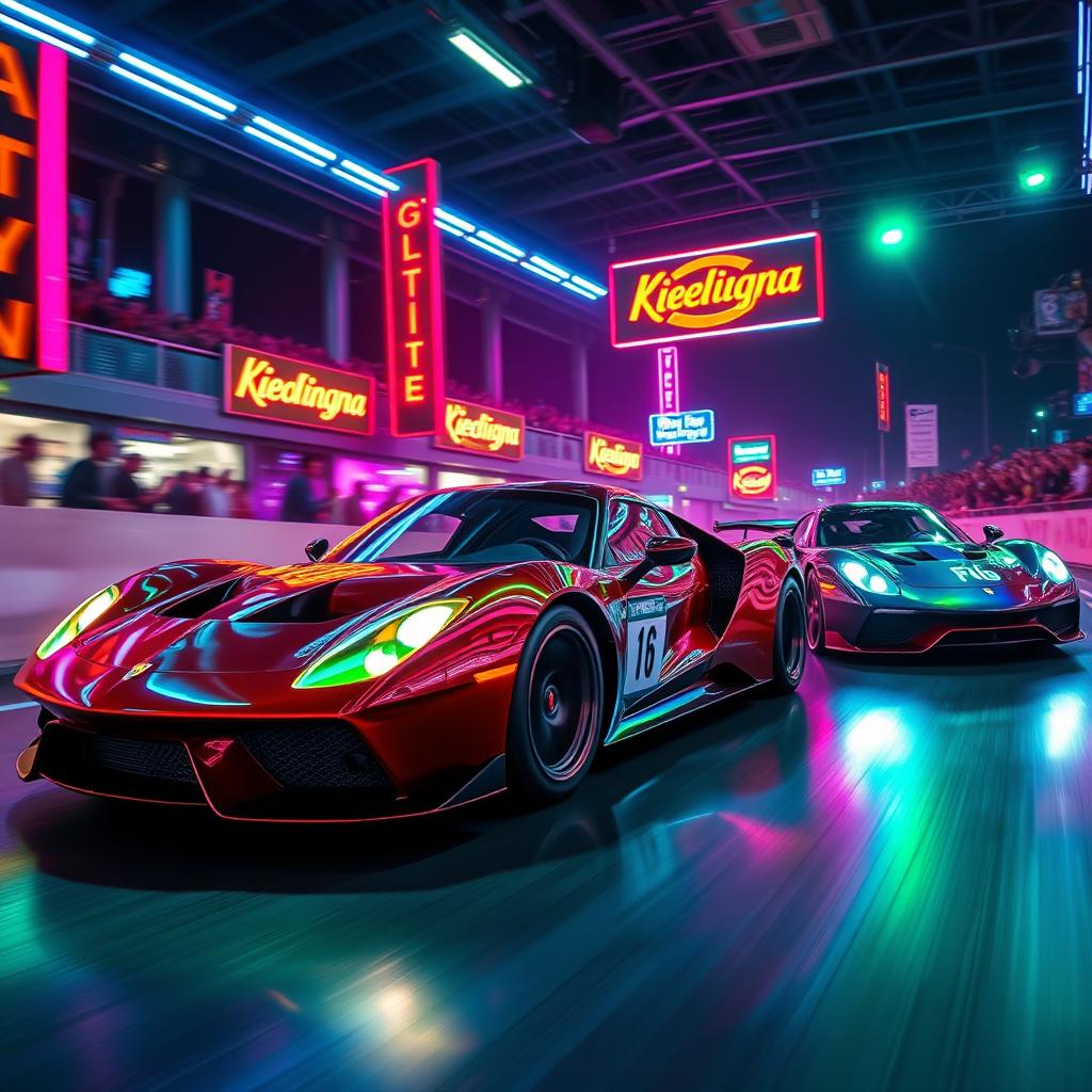 An exciting car race inspired by the 'Kookinforlove' theme, showcasing sleek racing cars with neon lights illuminating the scene