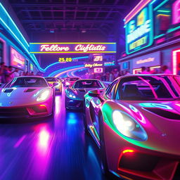 An exciting car race inspired by the 'Kookinforlove' theme, showcasing sleek racing cars with neon lights illuminating the scene
