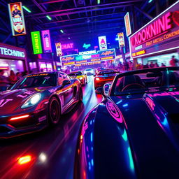 An exciting car race inspired by the 'Kookinforlove' theme, showcasing sleek racing cars with neon lights illuminating the scene