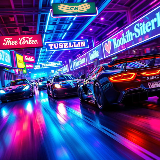 An exciting car race inspired by the 'Kookinforlove' theme, showcasing sleek racing cars with neon lights illuminating the scene