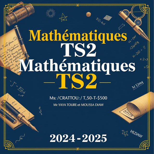 A visually appealing cover design for a TS2 Mathematics textbook, showcasing traditional themes of homework and composition