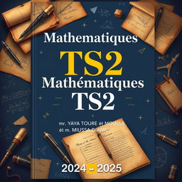 A visually appealing cover design for a TS2 Mathematics textbook, showcasing traditional themes of homework and composition