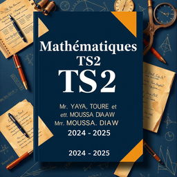 A visually appealing cover design for a TS2 Mathematics textbook, showcasing traditional themes of homework and composition