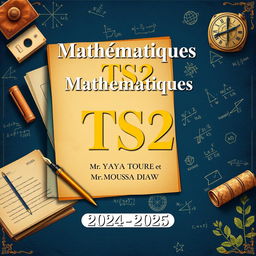 A visually appealing cover design for a TS2 Mathematics textbook, showcasing traditional themes of homework and composition