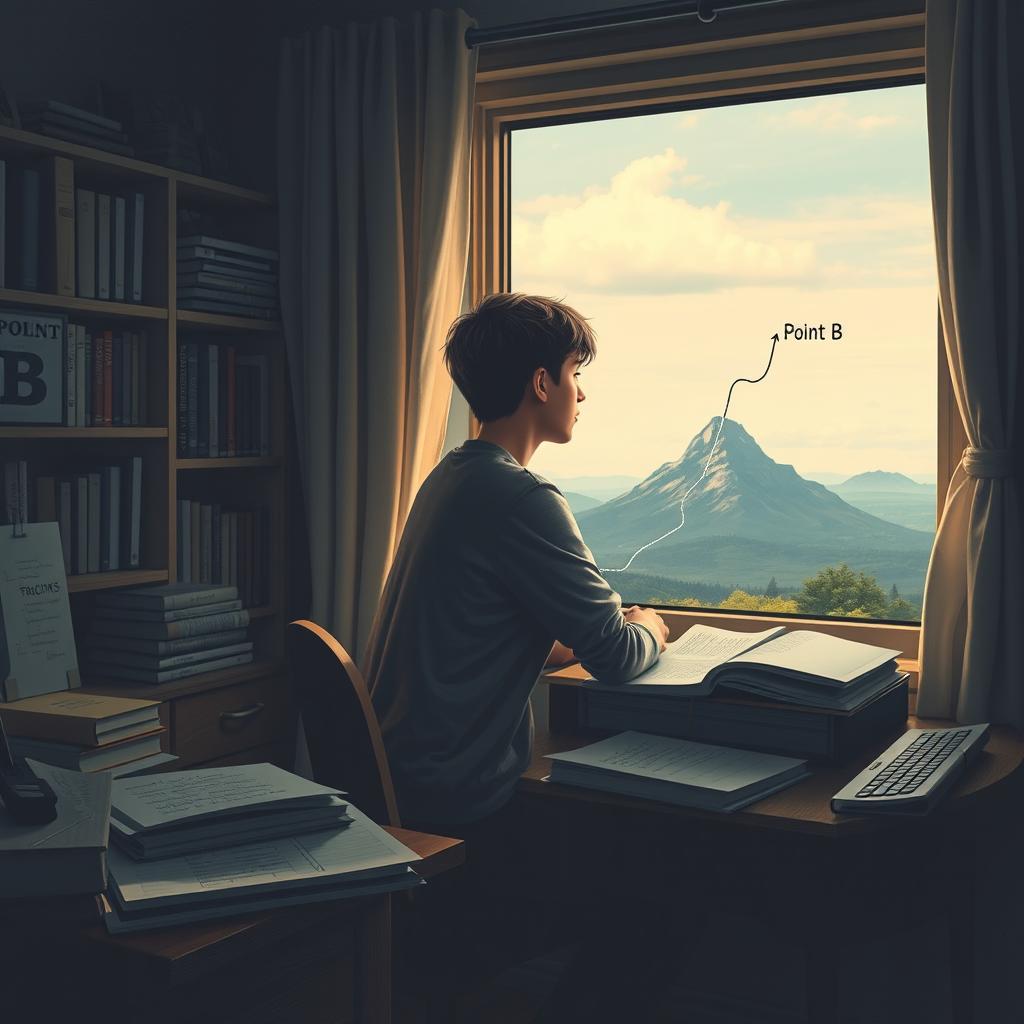 A reflective and introspective scene depicting a young student sitting at a desk in a cozy study room, surrounded by books and study materials