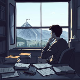 A reflective and introspective scene depicting a young student sitting at a desk in a cozy study room, surrounded by books and study materials