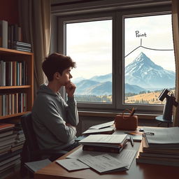 A reflective and introspective scene depicting a young student sitting at a desk in a cozy study room, surrounded by books and study materials