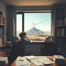 A reflective and introspective scene depicting a young student sitting at a desk in a cozy study room, surrounded by books and study materials