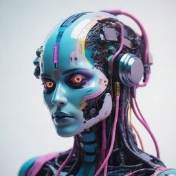 A detailed digital neural clone in a cyberpunk aesthetic, vibrant with technicolor hues contrasted against a stark white background.