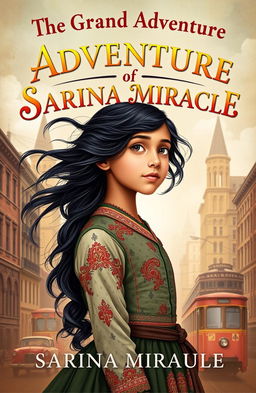 A captivating book cover for a historical fiction novel titled 'The Grand Adventure of Sarina Miracle
