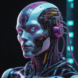 A detailed digital neural clone in a cyberpunk aesthetic, vibrant with technicolor hues contrasted against a stark white background.