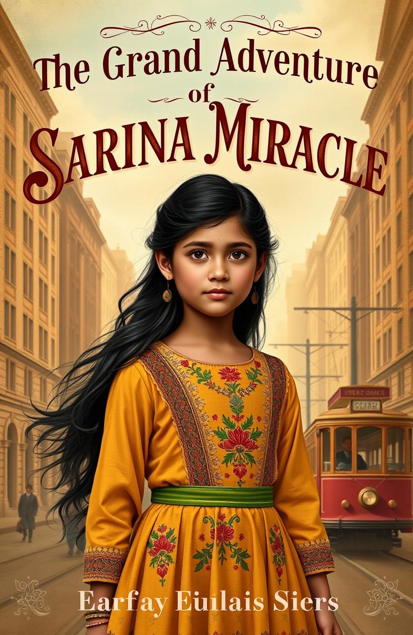 A captivating book cover for a historical fiction novel titled 'The Grand Adventure of Sarina Miracle