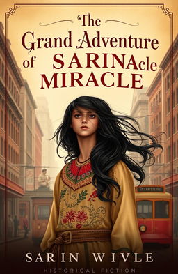 A captivating book cover for a historical fiction novel titled 'The Grand Adventure of Sarina Miracle