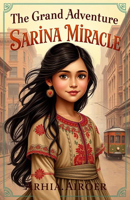 A captivating book cover for a historical fiction novel titled 'The Grand Adventure of Sarina Miracle