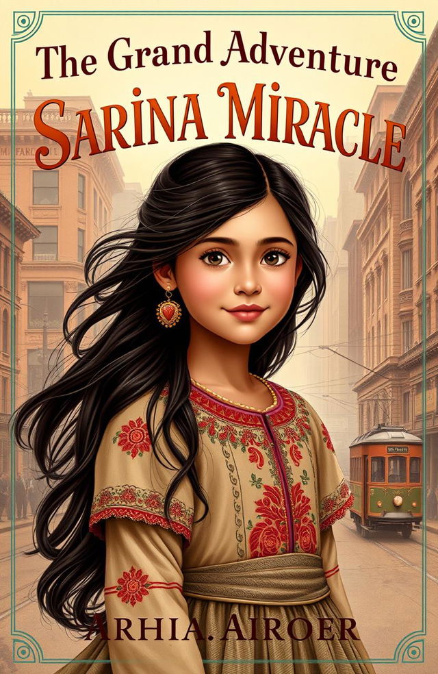 A captivating book cover for a historical fiction novel titled 'The Grand Adventure of Sarina Miracle