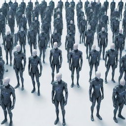 An array of digital neural clones representing a population, styled in vivid cyberpunk aesthetics against a crisp, white background.