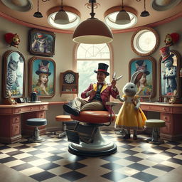 A whimsical barbershop scene inspired by Alice in Wonderland, featuring a quirky interior with oversized furniture and magical elements