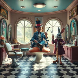 A whimsical barbershop scene inspired by Alice in Wonderland, featuring a quirky interior with oversized furniture and magical elements