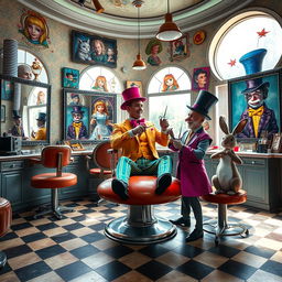 A whimsical barbershop scene inspired by Alice in Wonderland, featuring a quirky interior with oversized furniture and magical elements