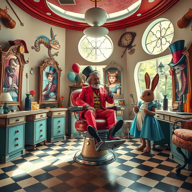 A whimsical barbershop scene inspired by Alice in Wonderland, featuring a quirky interior with oversized furniture and magical elements