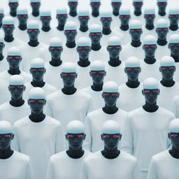 An array of digital neural clones representing a population, styled in vivid cyberpunk aesthetics against a crisp, white background.