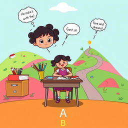 A whimsical cartoon illustration depicting a young girl at a school desk, surrounded by colorful school supplies and books