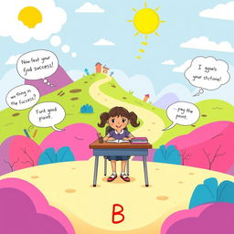 A whimsical cartoon illustration depicting a young girl at a school desk, surrounded by colorful school supplies and books