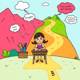 A whimsical cartoon illustration depicting a young girl at a school desk, surrounded by colorful school supplies and books