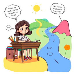 A whimsical cartoon illustration depicting a young girl at a school desk, surrounded by colorful school supplies and books